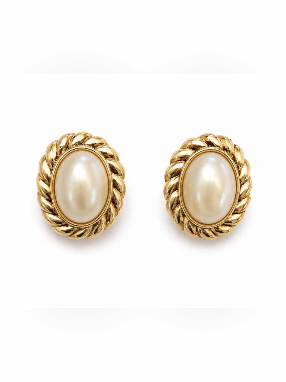 Vintage Monet Faux Pearl‎ Oval Clip-On Earrings Gold Tone Rope Border Signed